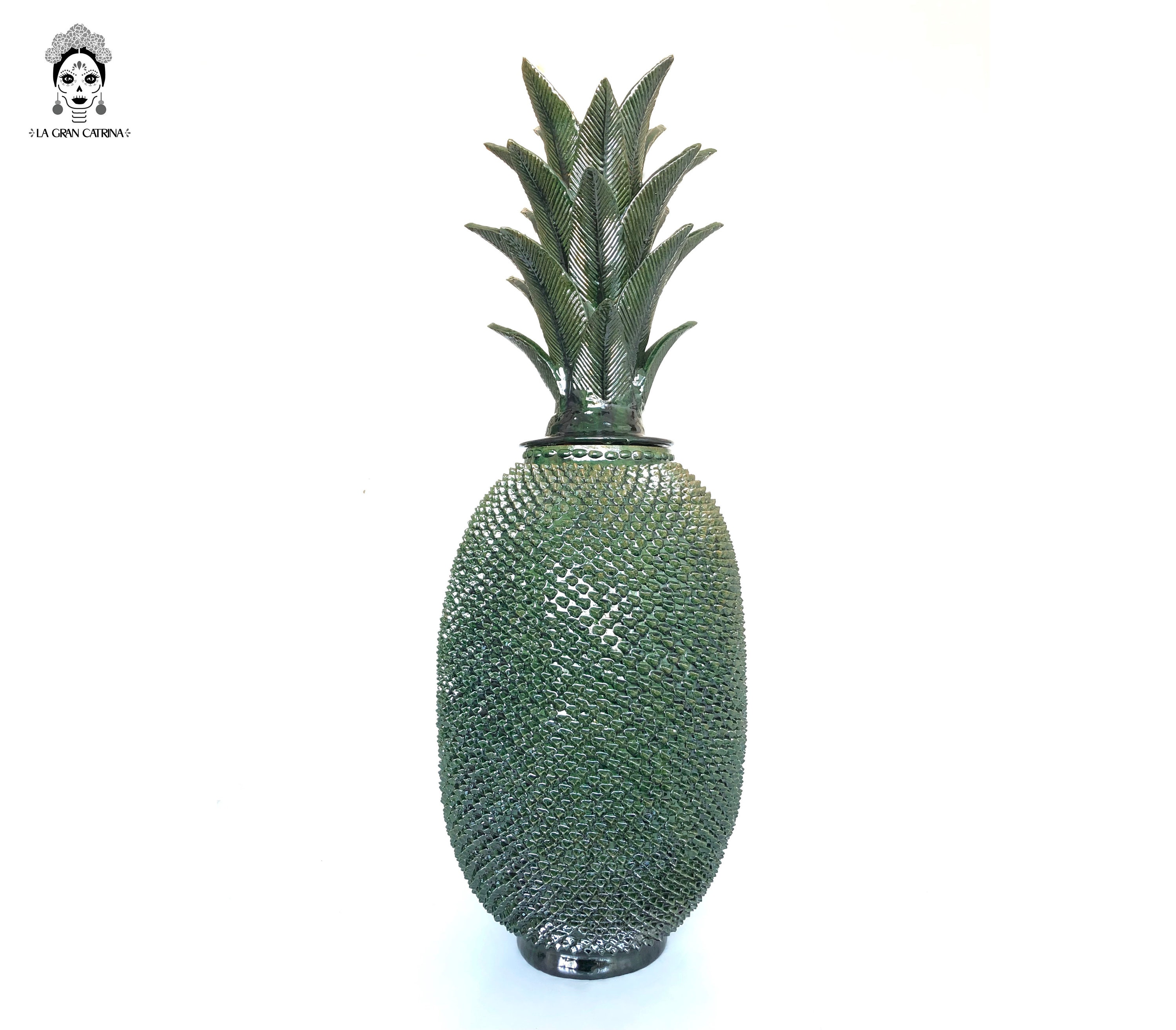 Glazed Clay Pineapple From Michoacan - Green Color - 88 Cm. 35 In
