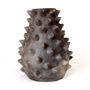 May include: A dark gray, bulbous vase with a textured surface covered in numerous protruding, cone-shaped spikes. The vessel features a narrow, open top and a rounded base, with a matte finish that shows subtle variations in color tone throughout.