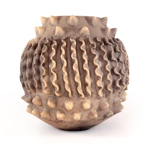 Op de afbeelding: Een beige, getextureerde keramische vaas met een uniek ontwerp. De vaas heeft een afgeronde body met verticale, golvende ribbels en uitstekende, afgeronde spikes. De boven- en onderranden hebben ook een stekelig ontwerp. De vaas staat tegen een witte achtergrond.