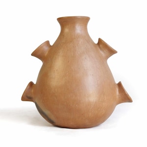 Puede incluir: Un jarrón de cerámica marrón con un cuerpo bulboso y un cuello estrecho. El jarrón tiene tres protuberancias en forma de pico en los lados. El jarrón es de un tono cálido y terroso y tiene una superficie lisa.