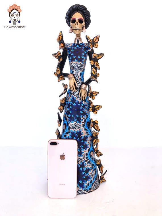 blue catrina dress with and Monarch butterflies - 50 cm. 20 in. - Mexican craft Our products are professionally party dresses Marilyn Monroe caused a Color:Silver