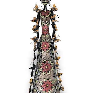 May include: A Day of the Dead figurine of a female skeleton in a long black dress adorned with orange and black butterflies. The dress features a floral pattern with red and yellow flowers. The skeleton has a floral headpiece and pearl earrings.