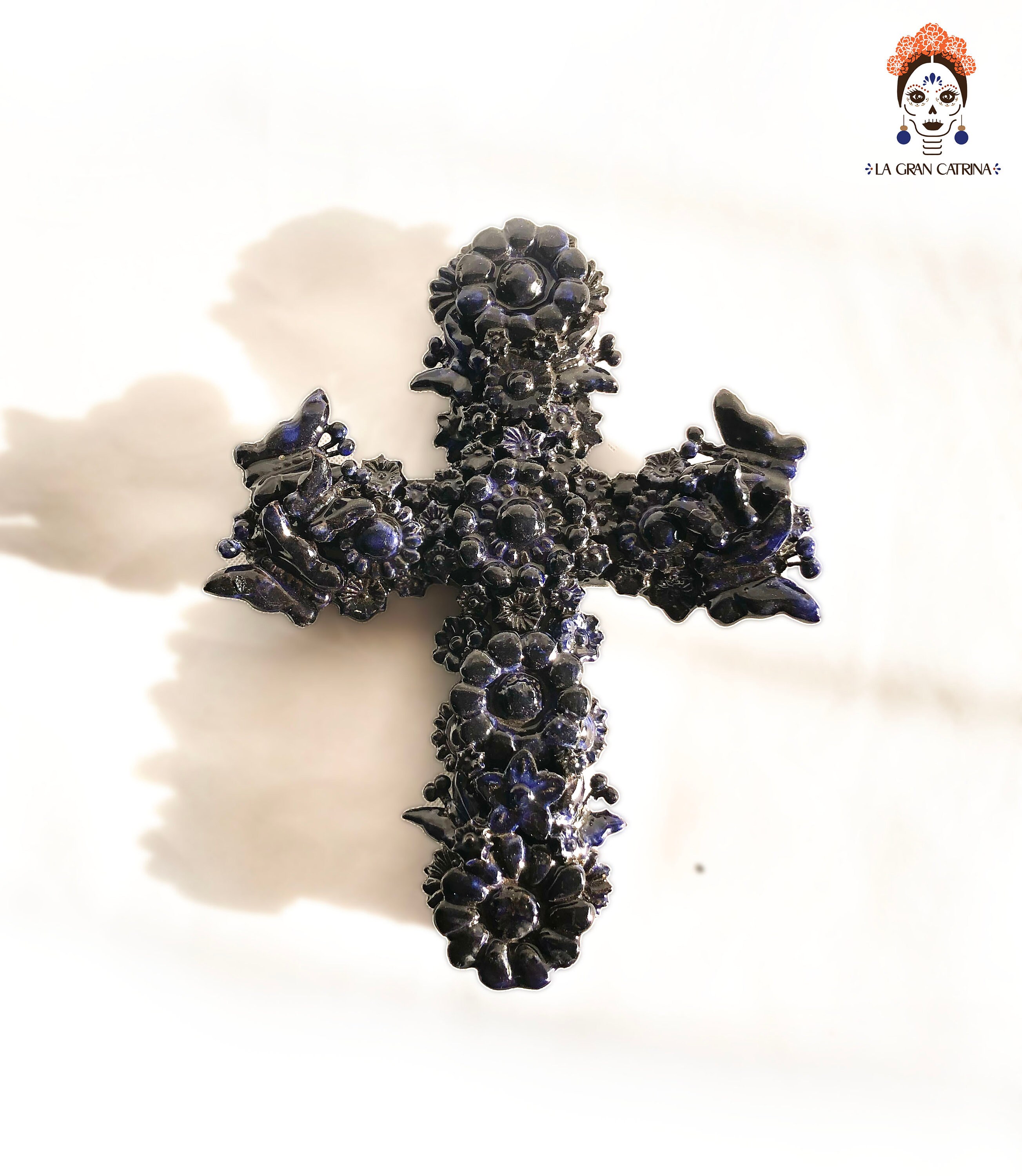 Glazed clay cross - Blue color - Santa Fe de la Laguna - 28 cm. 29cm