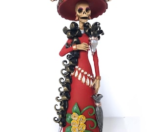 Catrina garbancera em vestido vermelho - 25 cm. 10 pol. - Arte Mexicana