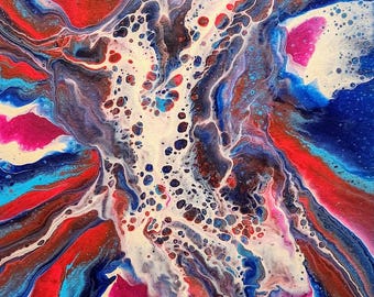 May include: Abstract painting with swirling patterns in shades of red, blue, white, and pink. The colors blend and flow into each other, creating a dynamic and energetic composition.
