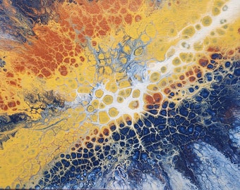 May include: Abstract acrylic painting with a vibrant color palette. The artwork features a blend of yellow, orange, and blue hues, creating a dynamic and textured composition. The painting's fluid patterns and color transitions evoke a sense of energy and movement.