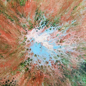 May include: Abstract painting with a blue, white, and pink color scheme. The paint has been poured and swirled to create a unique pattern with a central burst of white.