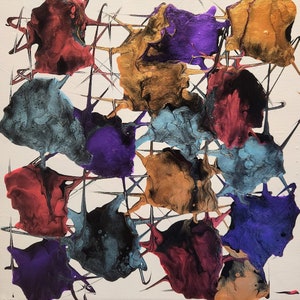 May include: Abstract painting with a white background and a grid of colorful shapes. The shapes are in shades of purple, blue, red, gold, and black.