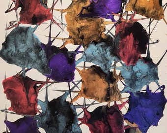 May include: Abstract painting with a white background and a grid of colorful shapes. The shapes are in shades of purple, blue, red, gold, and black.