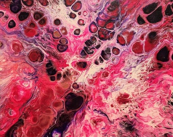 May include: Abstract acrylic pour painting with a vibrant mix of colors. The artwork features a dynamic composition of pink, red, purple, and black hues, creating a visually engaging and textured surface. The fluid art style is evident in the organic shapes and patterns.