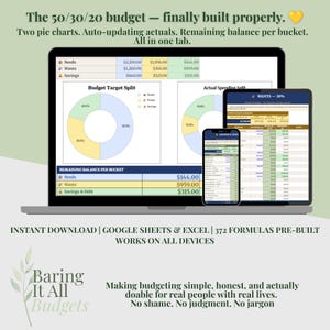 50/30/20 Budget Template | Pie Chart | Transaction Log | Auto Totals | Google Sheets Excel | Instant Download