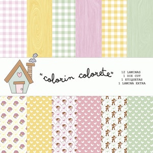 Puede incluir: Un conjunto de 12 hojas de papel digital con varios patrones, incluyendo cuadros, veta de madera, corazones y pájaros. Los papeles están diseñados para manualidades y scrapbooking. El texto "colorin colorete" está incluido en la imagen.