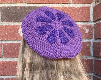 Retro Flower Beret Crochet Handmade Beret French Groovy 70s style hat Purple Beret Floral Hat Beret With Flower