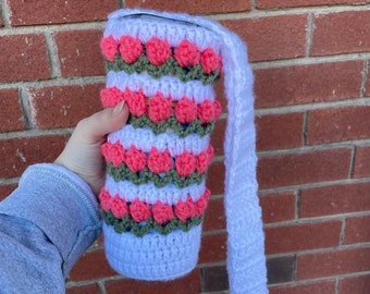 Tulip Stitch Water Bottle Holder Over the Shoulder Water Bottle Holder Bag Drink Holder Cozie Drink Bag Water Bottle Bag Handmade Crochet