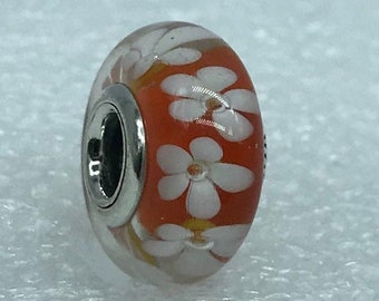 Pandora,” Tropical Flowers” Orange S925ALE,   Murano Glass Charm #791624, M17-4