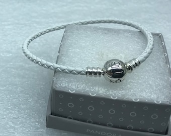 Pandora,” 19CM Single Ivory White  Braided Leather Round Clasp  “ 19CM/7.5 Inches Bracelet,  S925ALE..  (Retired)