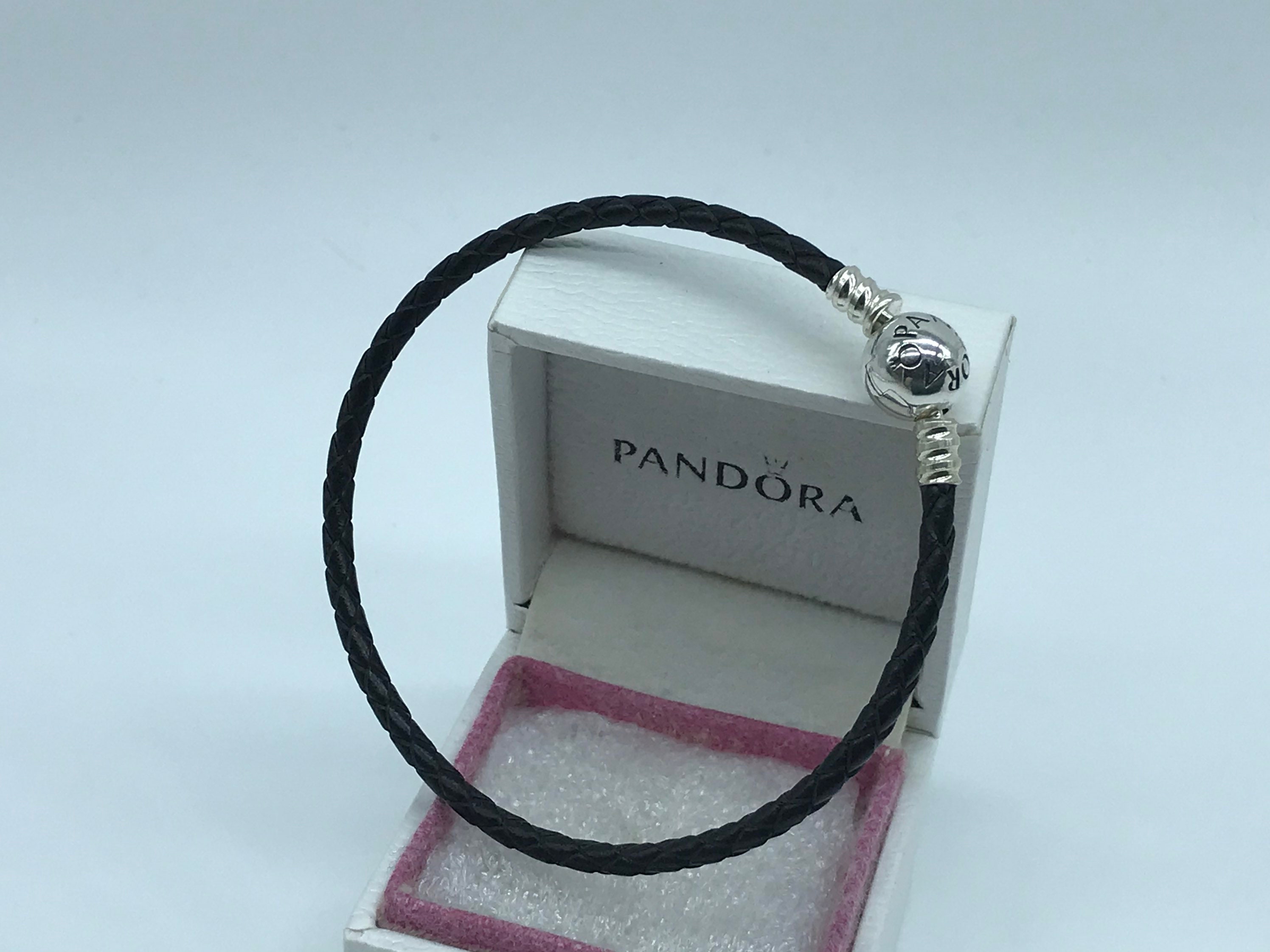 Pandora Moments Round Clasp Blue Braided Leather Bracelet