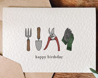 Gardener Happy Birthday Greetings Card - A6 Greeting Card with brown Kraft Envelope | Gardening Garden Tools Illustration