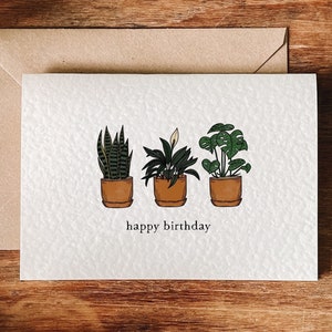 Houseplants Birthday Card Handmade A6 Greeting Card with brown Kraft Envelope Monstera Sansevieria Peace Lily Plants Illustration image 1