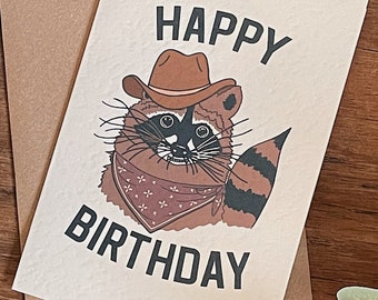 Happy Birthday Raccoon Cowboy Greetings Card based on original print - Hat Purple Bandana Critter - A6 Greeting Note Card