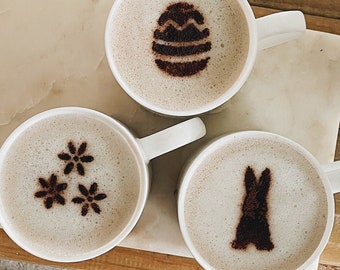 Easter Coffee Stencil Set 3 Egg Flowers Bunny Design Latte Cappuccino Biscuit Cake Baking Decor Cocoa Cinnamon Dusting Gift Cafe Restaurant