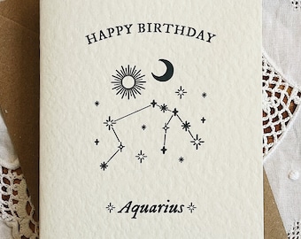 Aquarius Zodiac Happy Birthday Greetings Card - A6 Greeting Card with brown Kraft Envelope