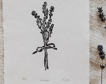 Lavender Linocut Print, Original Floral Bouquet Black Flower Hand Made Print, A5 Lino Block Print Wall Art Home Decor