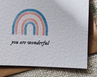 You Are Wonderful Trans Flag Rainbow Colours Greeting Card, LGBTQIA+ Queer Transgender Love Pride Celebration A6 Card