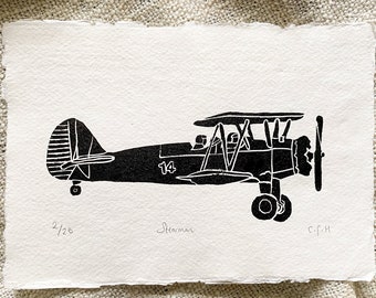 Vintage Aviation Biplane Original Linocut Print | Stearman Aeroplane Aircraft Hand Made  Print | A5 Lino Wall Art Plane Print