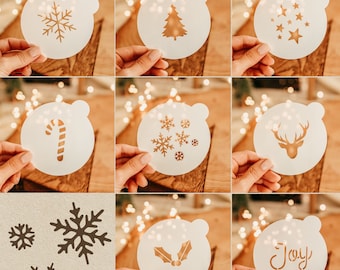 Festive Coffee Stencil Set of 8 Christmas Winter Holiday Latte Art Hot Cocoa Drink Holly Joy Snowflake Star Tree Stag Candy Cane Cosy Gift