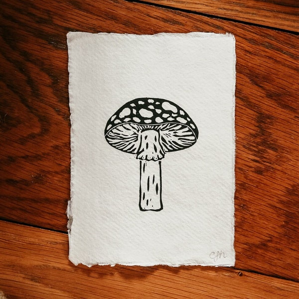 Original Linocut Mushroom Fly Agaric Mini Print | A6 Black Ink Handmade Cotton Rag Lino Block Wall Art Home Decor Gift Nature Fungi Carving