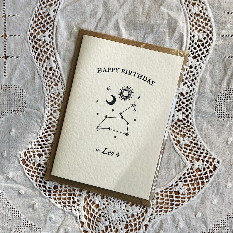 Leo Zodiac Happy Birthday Greetings Card A6 Greeting Card with brown Kraft Envelope image 6