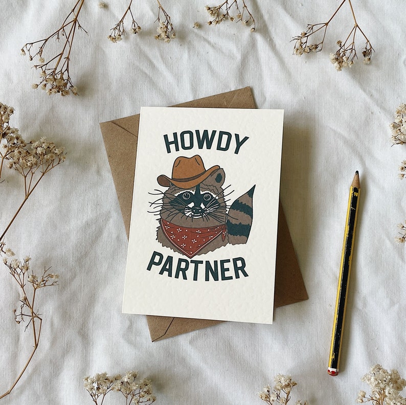 Howdy Partner Raccoon Cowboy Greetings Card based on original illustration print Hat Red Bandana Critter A6 Greeting Card Kraft Envelope image 1