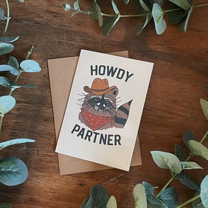 Howdy Partner Raccoon Cowboy Greetings Card based on original illustration print Hat Red Bandana Critter A6 Greeting Card Kraft Envelope image 4