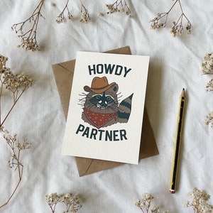 Howdy Partner Raccoon Cowboy Greetings Card based on original illustration print Hat Red Bandana Critter A6 Greeting Card Kraft Envelope image 3