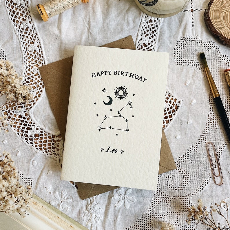 Leo Zodiac Happy Birthday Greetings Card A6 Greeting Card with brown Kraft Envelope image 3