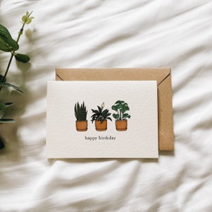 Houseplants Birthday Card Handmade A6 Greeting Card with brown Kraft Envelope Monstera Sansevieria Peace Lily Plants Illustration image 4