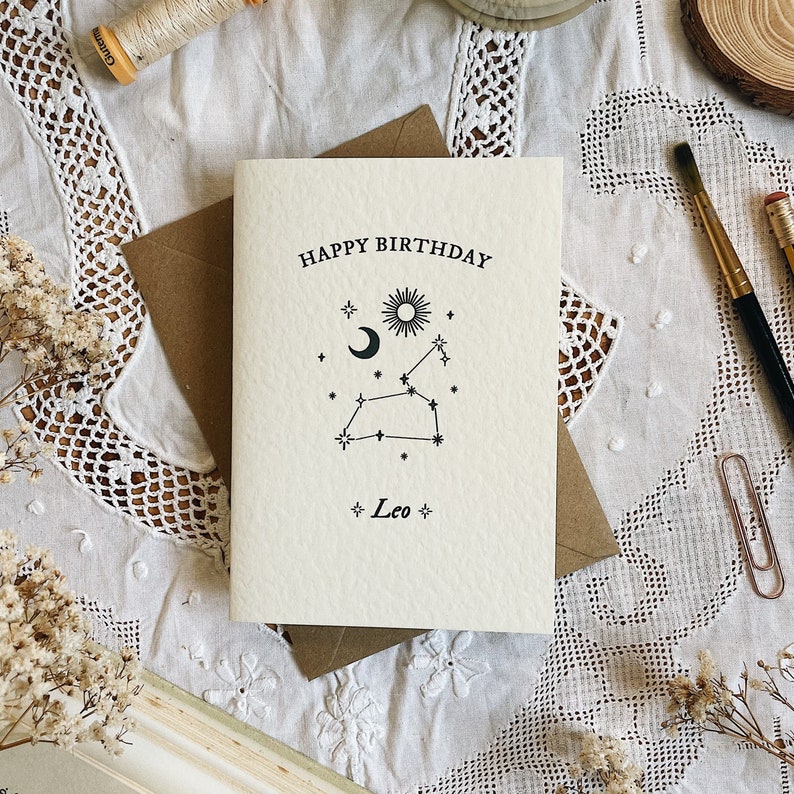 Leo Zodiac Happy Birthday Greetings Card A6 Greeting Card with brown Kraft Envelope image 1