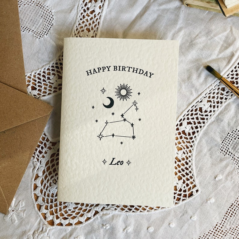 Leo Zodiac Happy Birthday Greetings Card A6 Greeting Card with brown Kraft Envelope image 4