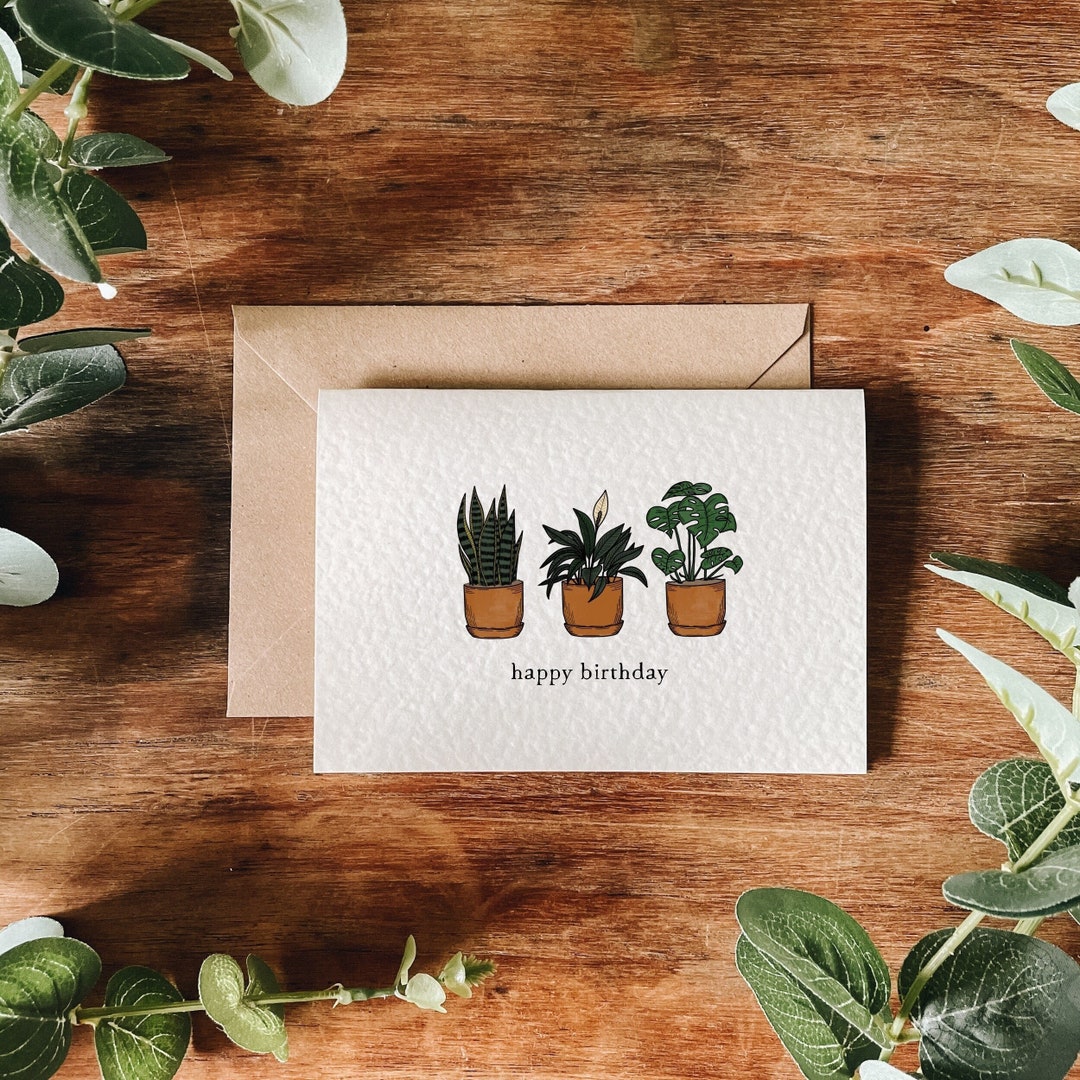 Houseplants Birthday Card Handmade A6 Greeting Card With Brown Kraft