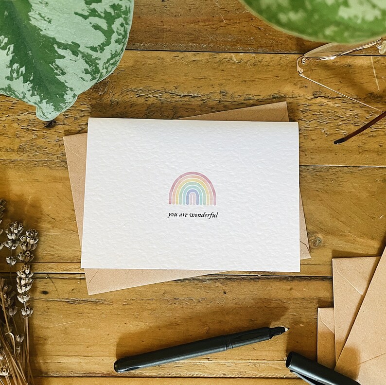 You Are Wonderful Rainbow Greeting Card A6 Textured Card Brown Kraft Envelope Hand Drawn Illustration Love Birthday Thanks Gift Nature image 2