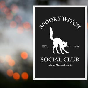 Impressão do Spooky Witch Social Club - Pôster de Gato Bruxo de Halloween, Salem Est. 1962, Arte de Parede Digital, Estética de Outono, Decoração de Halloween