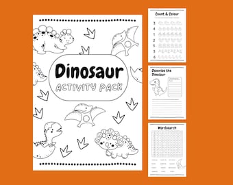 Dinosaur Activity Pack for Kids, Printable Games & Colouring Pages, Fun Dinosaur Worksheets, Kids Digital Download, Dino Themed Activities
