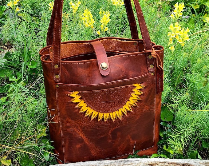 Custom Leather Sunflower Tote Bag