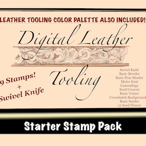 Peut inclure: Visuel beige avec l'inscription « Digital Leather Tooling » et « Starter Stamp Pack ». L'image présente un motif floral décoratif et une liste d'outils, dont un couteau pivotant et divers tampons.