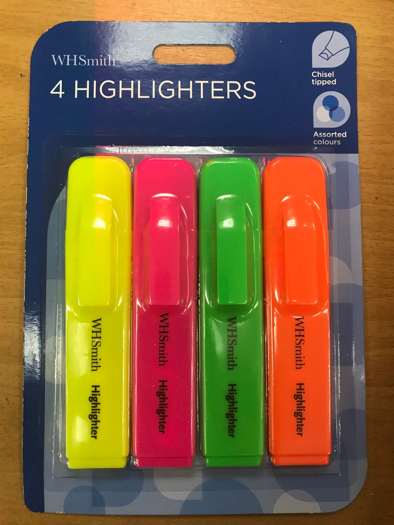 WHSmith Highlighters Assorted Ink Pack of 4 Etsy