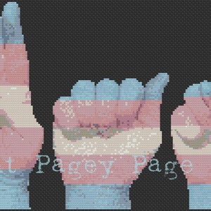 Puede incluir: Cinco manos formando el signo de la lengua de señas americana para "trans" con los colores de la bandera del orgullo transgénero. El signo se forma con el dedo índice apuntando hacia arriba y los demás dedos enroscados alrededor. Las manos están sobre un fondo negro.