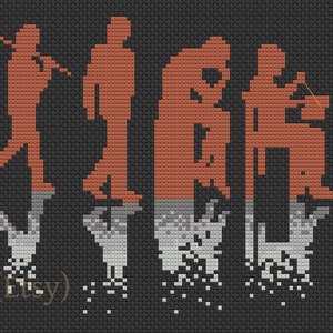 May include: A cross-stitch pattern depicting the evolution of humans, starting with a primate and ending with a person holding a pumpkin. The pattern is in orange and white on a black background. Boutique Pagey (Etsy)