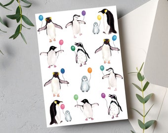 Penguin species birthday card | A6 | Penguins with balloons | Original design FSC certified card | Happy birthday present | Animals