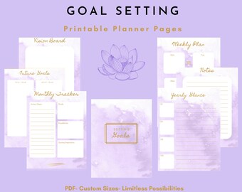 May include: Printable planner pages with a purple watercolor background and gold accents. The pages include sections for vision board, future goals, monthly tracker, weekly plan, notes, and yearly glance. The text "GOAL SETTING" is at the top of the image.